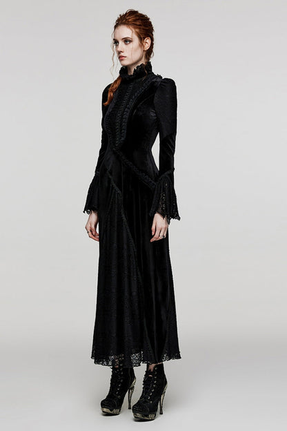 Black Stand Collar Long Trumpet Sleeves Stitching Lace Women's Gothic Dress