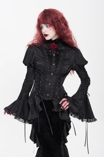 Black Stand Collar Long Puff Sleeves Floral Jacquard Lace-Up Women's Gothic Blouse