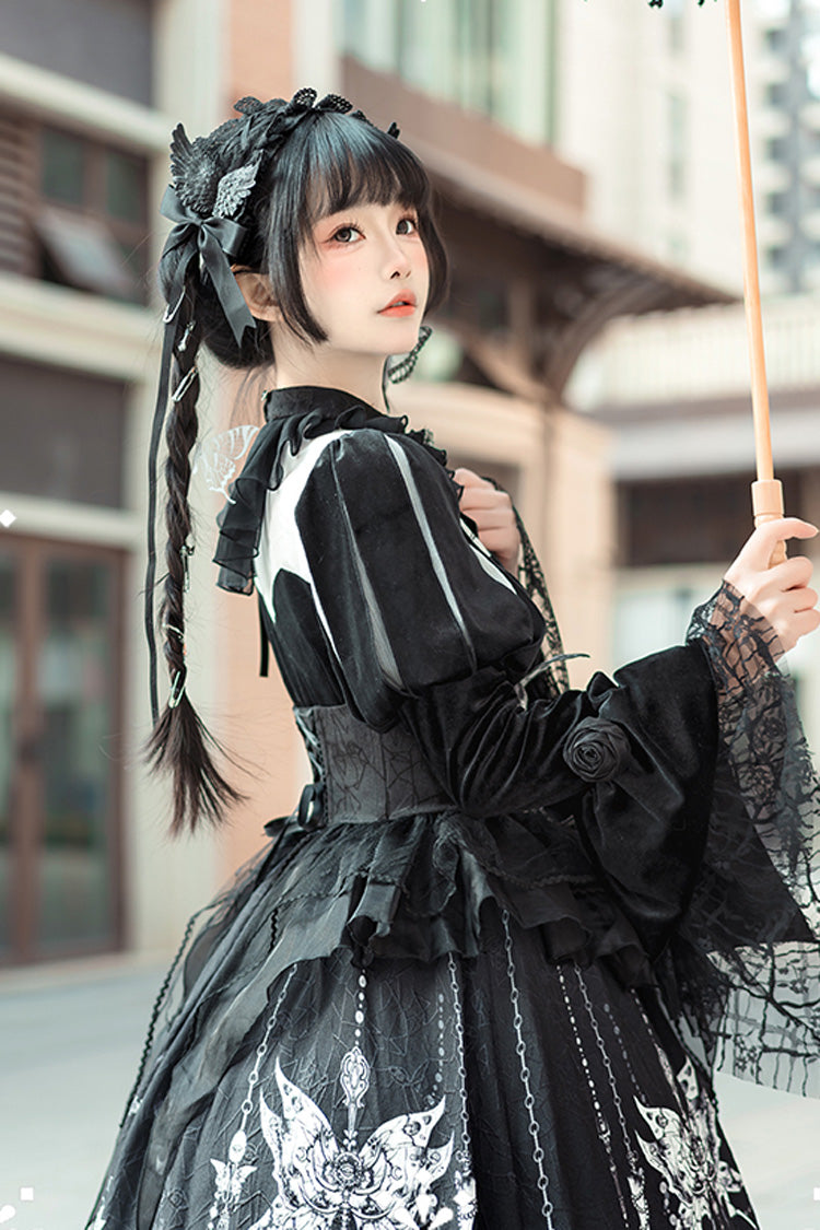 Black [Feast of Bones] Print Ruffle Bowknot Lace Gothic Elegant Lolita Long Dress