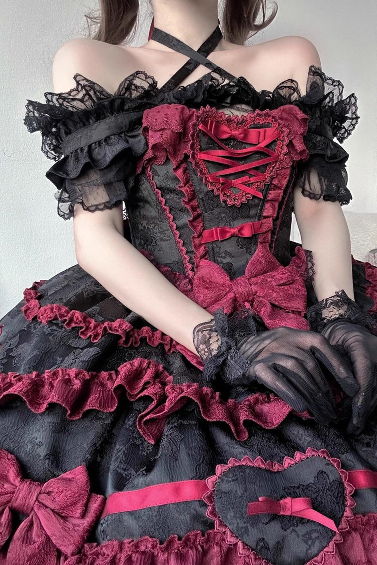 Black/Red [Super Cute Belia] Sleeveless Triple-Layered Ruffle Bowknot Lace Gothic Elegant Lolita Jsk Dress