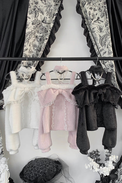 Jirai Kei Off Shoulder Long Sleeves Lace Sweet Japanese Fleece-Lined Top 3 Colors