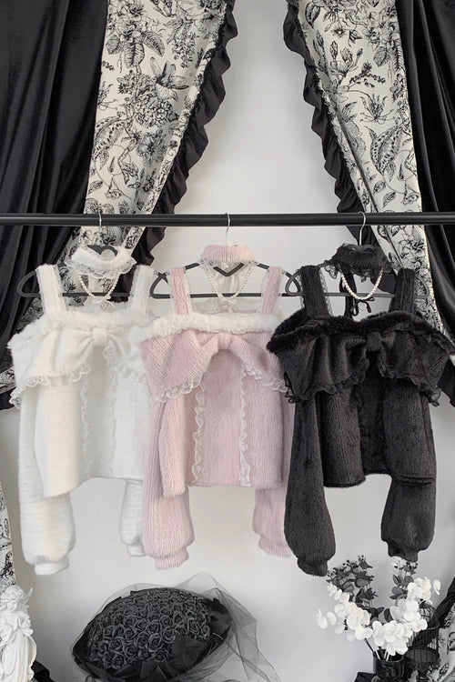 Jirai Kei Off Shoulder Long Sleeves Lace Sweet Japanese Fleece-Lined Top 3 Colors
