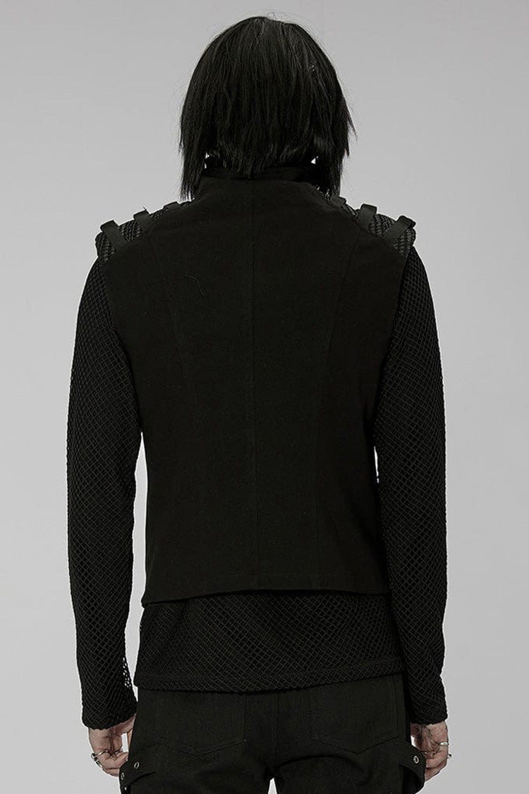 Black Punk High Collar Front Geometric Patterns Splicing Design Shoulder Padded Webbing Buckle Twill Men's Vest