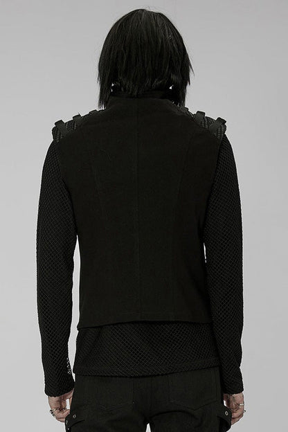 Black Punk High Collar Front Geometric Patterns Splicing Design Shoulder Padded Webbing Buckle Twill Men's Vest
