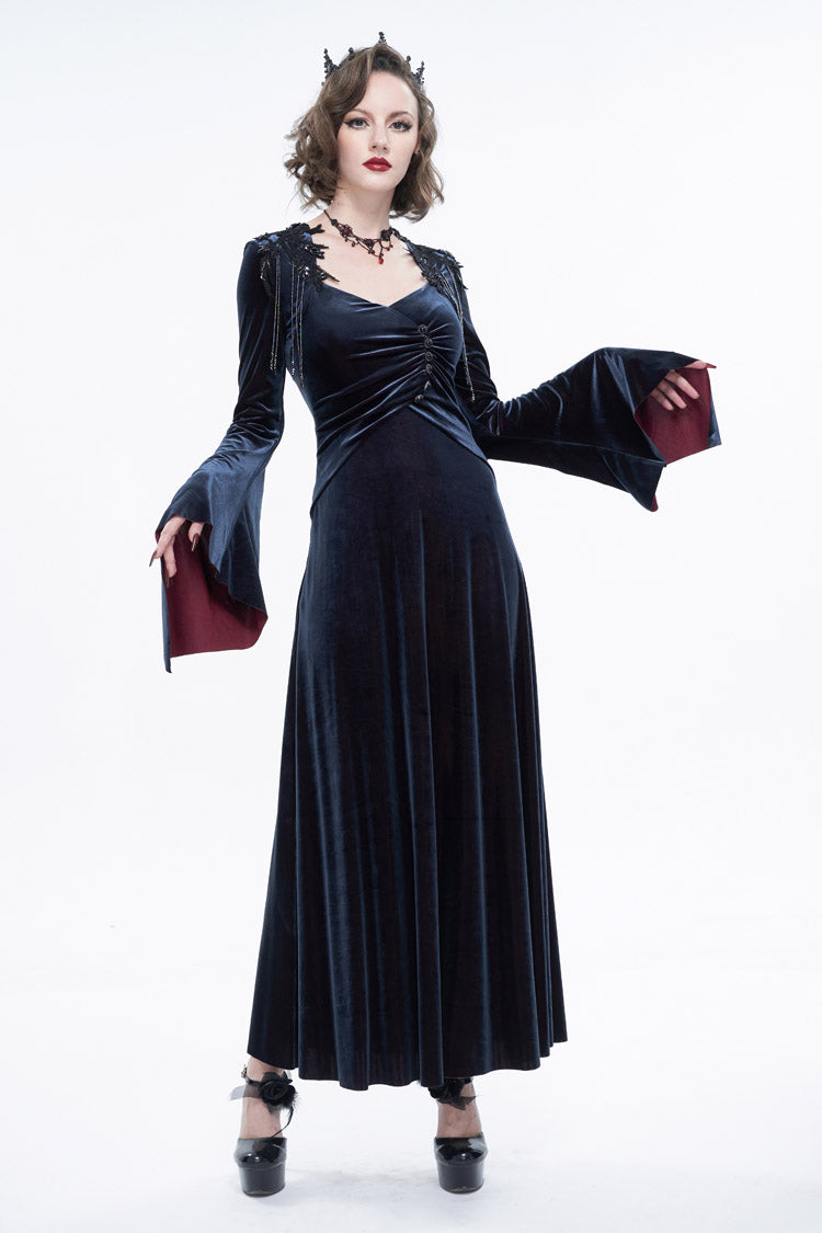 Black/Red Embroidered Fringe Flared Sleeve Long Women's Gothic Dress