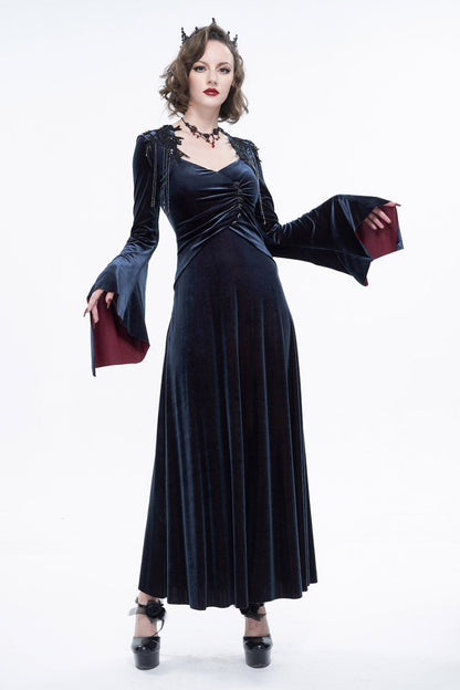 Black/Red Embroidered Fringe Flared Sleeve Long Women's Gothic Dress