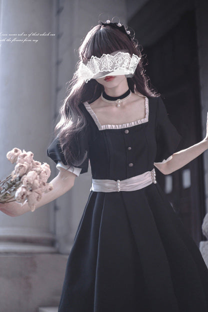 Black [Random Thoughts] Square Collar Short Sleeves Ruffle Classic Vintage Elegant Lolita Dress