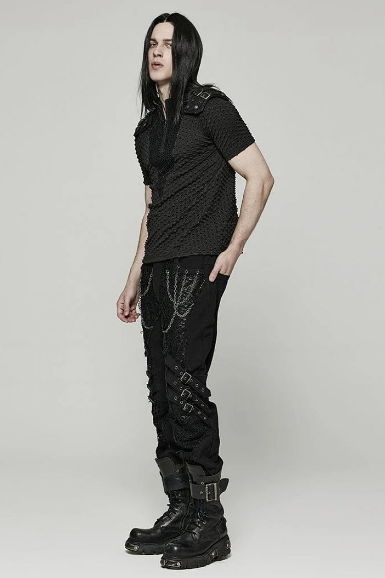 Black Short Sleeves Mesh Bubble Buckle Zipper Mens Steampunk T-Shirt