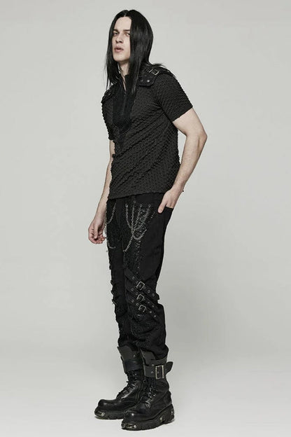 Black Short Sleeves Mesh Bubble Buckle Zipper Mens Steampunk T-Shirt