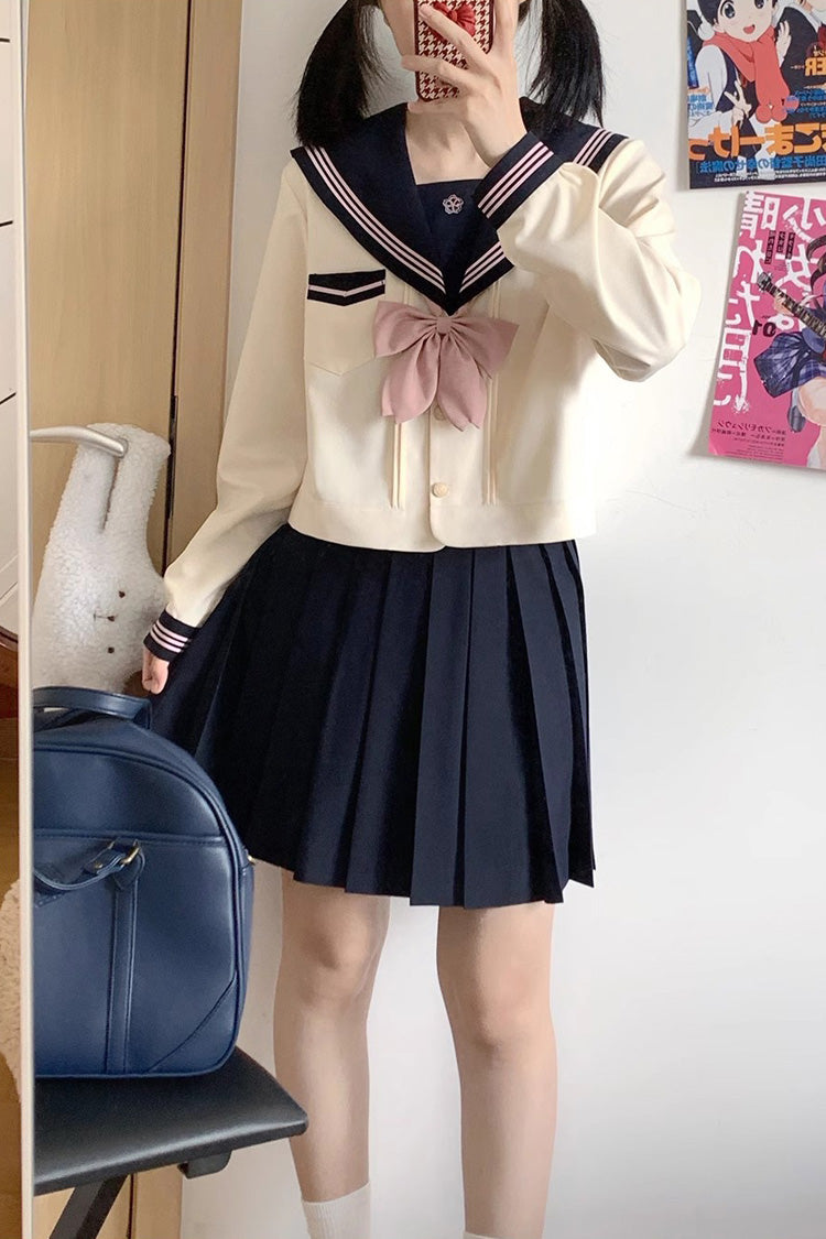 Dark Blue/Ivory Sailor Collar Long Sleeves Sweet Japanese School Skirt Set