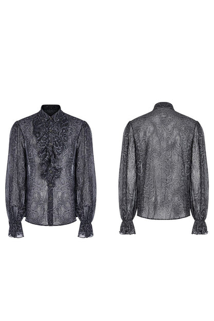 Gray Punk Chiffon Ruffle Stand Collar Wide Brimmed Lantern Sleeves Retro Relief Sculpture Embossing Men's Shirt