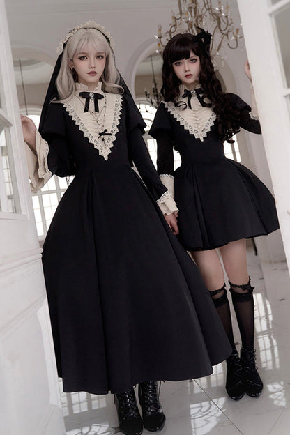 Black [Letters and Poems·Nocturne] Nun Long Sleeves Ruffle Gothic Lolita Long Dress