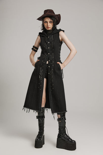 Black Side Drawstring Sleeveless Pin Decoration Hooded Womens Steampunk Long Vest