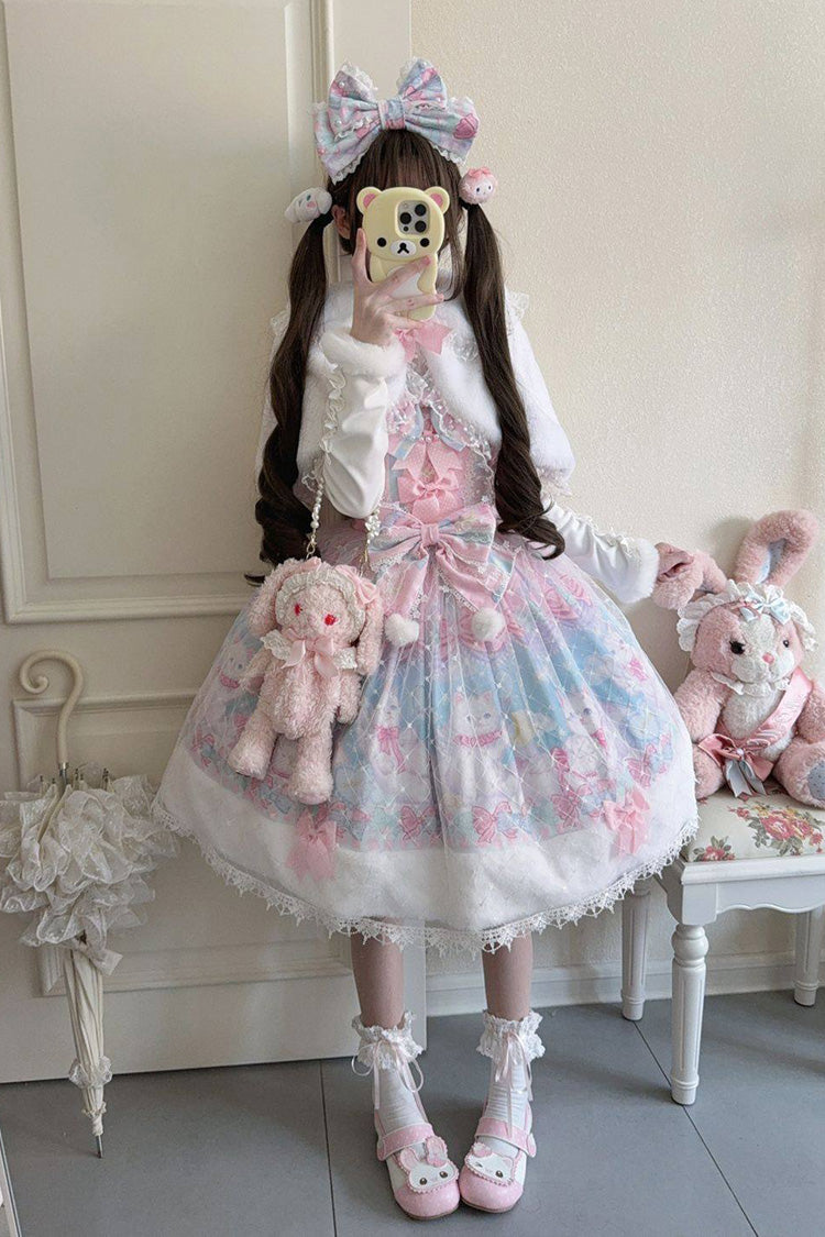 Pink/Blue [Candy Mary Cat] Printed Ruffled Embroidered Bow Lace Sweet Lolita Jsk Dress