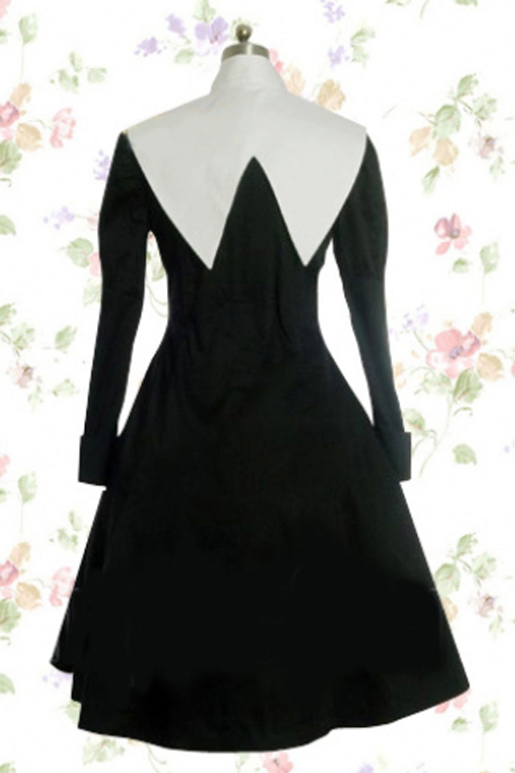 Black/White Cotton Stand Collar Long Sleeves Knee-length Bowknot Gothic Lolita Dress