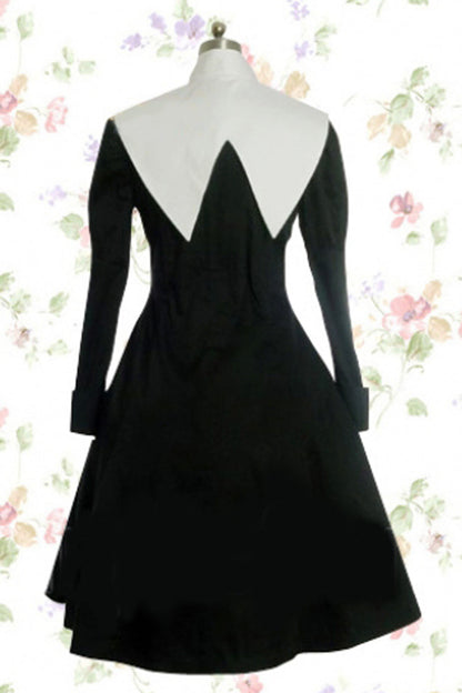 Black/White Cotton Stand Collar Long Sleeves Knee-length Bowknot Gothic Lolita Dress