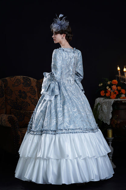 Blue Long Trumpet Sleeves Jacquard Ruffle Bowknot Princess Lolita Victorian Dress
