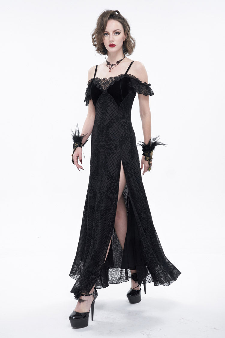 Black Velvet Lace Off Shoulder Ruffled Double Layer Slit Women's Gothic Dresses