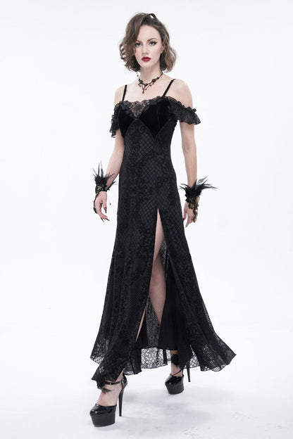 Black Velvet Lace Off Shoulder Ruffled Double Layer Slit Women's Gothic Dresses