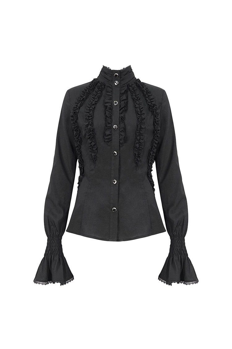Black Stand Collar Ruffled Long Sleeves Women's Gothic Shirt