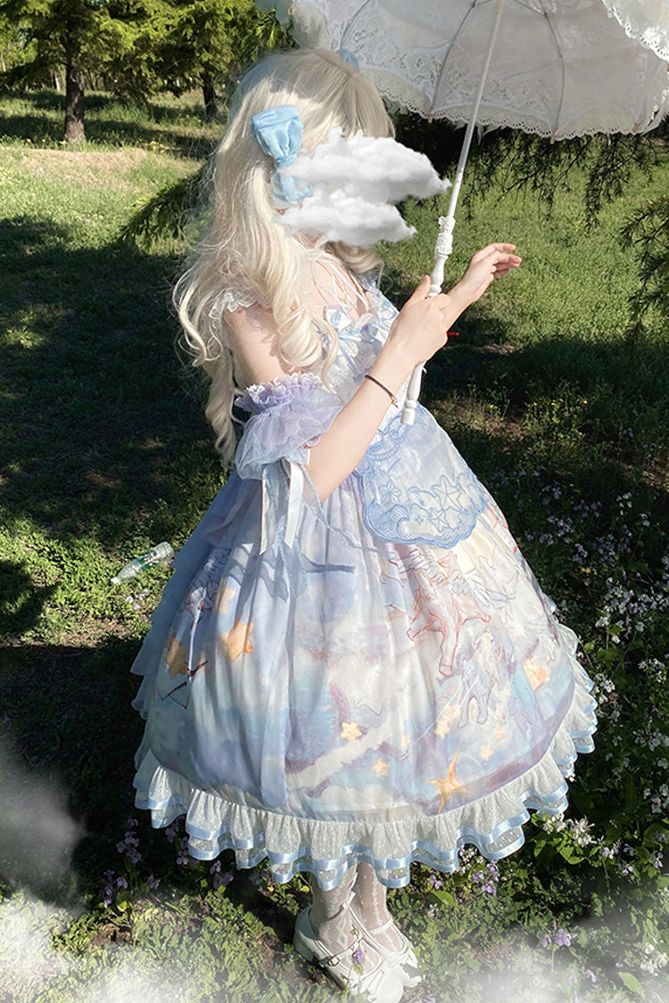 Blue [Walking In The Clouds] Print Ruffle Bowknot Lace Sweet Lolita Jsk Dress Full Set