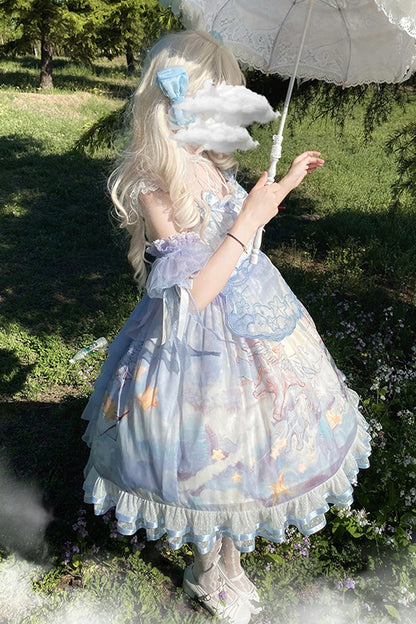 Blue [Walking In The Clouds] Print Ruffle Bowknot Lace Sweet Lolita Jsk Dress Full Set