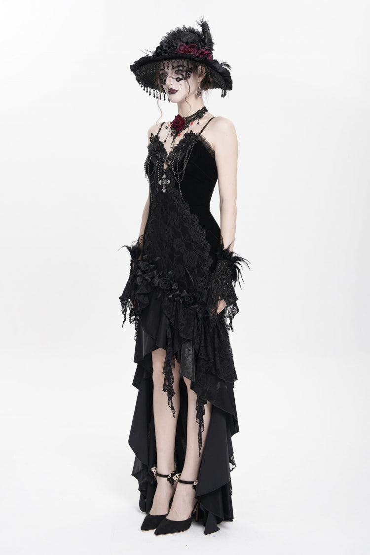 Black Sleeveless Cross Ruffled Floral Embroidered Chain-Decorated Women's Gothic Long Slip Dress
