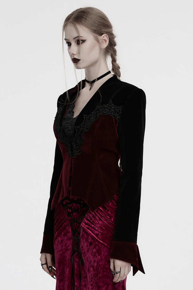 Black/Red V Collar Long Sleeves Floral Embroidery Lace-Up Women's Gothic Jacket