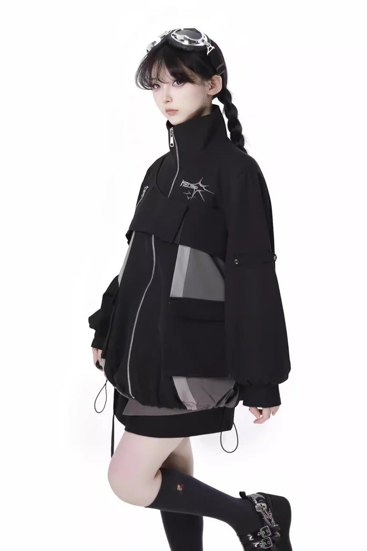 Black [Holographic Cruise] Techwear Long Sleeves Spliced Zippered Gothic Jirai Kei Skirt and Coat Set