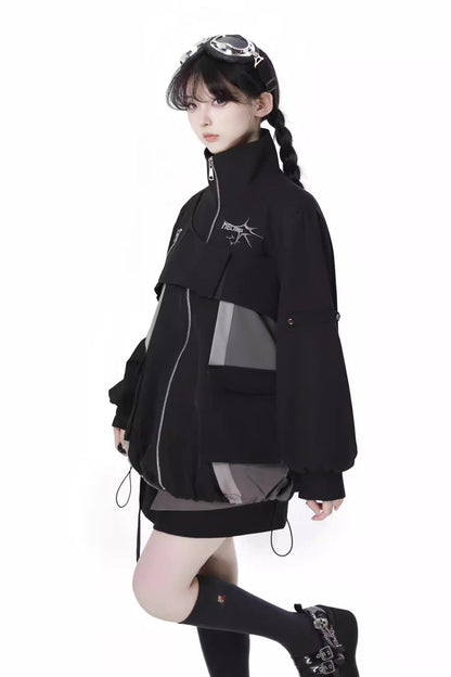 Black [Holographic Cruise] Techwear Long Sleeves Spliced Zippered Gothic Jirai Kei Skirt and Coat Set