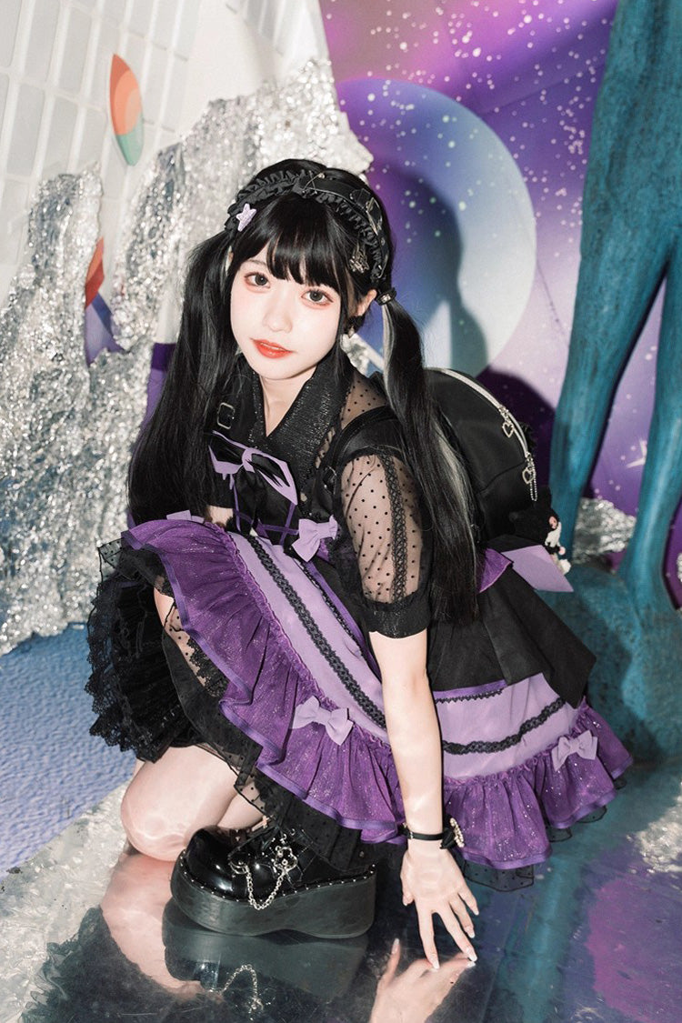 Black/Purple [Cotton Cloud] Lapel Collar Ruffle Bowknot Lace-Up Gothic Lolita Jsk Dress