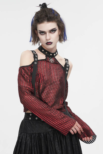 Red Off Shoulder Buckle Sheer Crop Women's Gothic Shirt