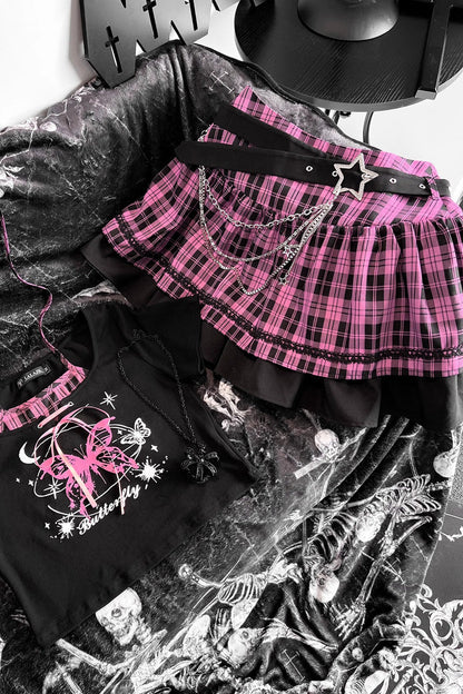 Black/Pink [Butterfly Chapter] Short Sleeves Print Gothic Jirai Kei Skirt Set
