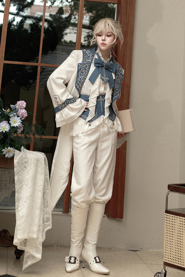 White [Moonlit Paladin Prince] Ruffle Embroidery Bowknot Classic Prince Handsome Ouji Lolita Set
