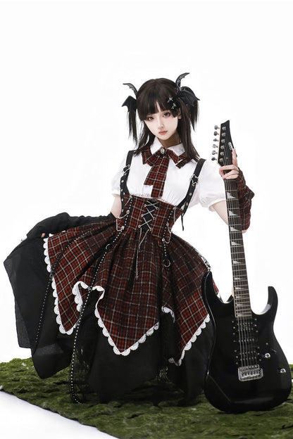Black/Red [Soul Mantra] Plaid Print Irregular Sweet Lolita Strap Dress