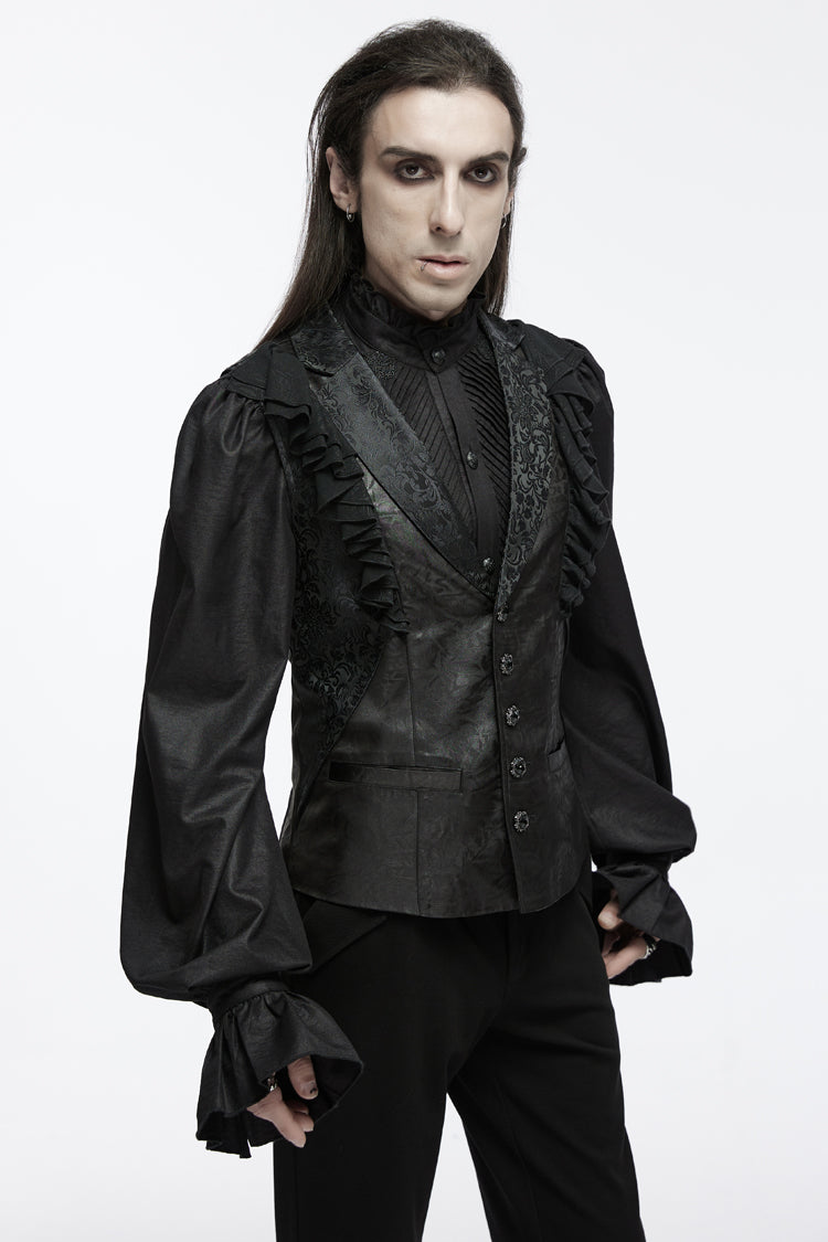 Black Sleeveless Buckle-up Ruffle Men's Gothic Vest
