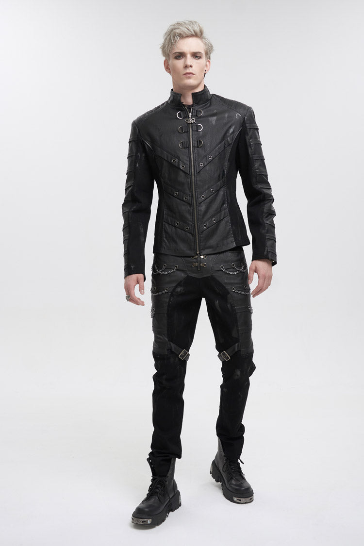 Black Stand Collar Stretch Faux Leather Twill Woven Men's Punk Jacket