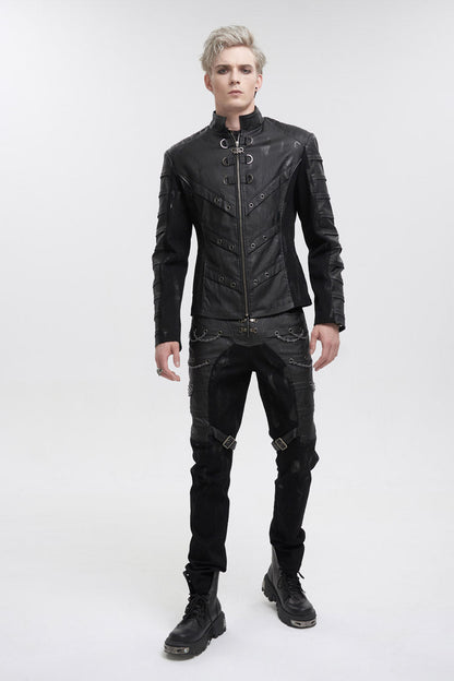 Black Stand Collar Stretch Faux Leather Twill Woven Men's Punk Jacket