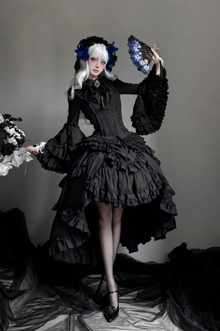 Black [Immortal Phoenix] Long Hime Sleeves Multi-Layered Ruffled Bow Lace-Up Gothic Lolita Skirt Dress Set