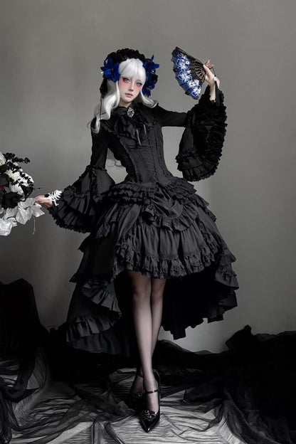 Black [Immortal Phoenix] Long Hime Sleeves Multi-Layered Ruffled Bow Lace-Up Gothic Lolita Skirt Dress Set