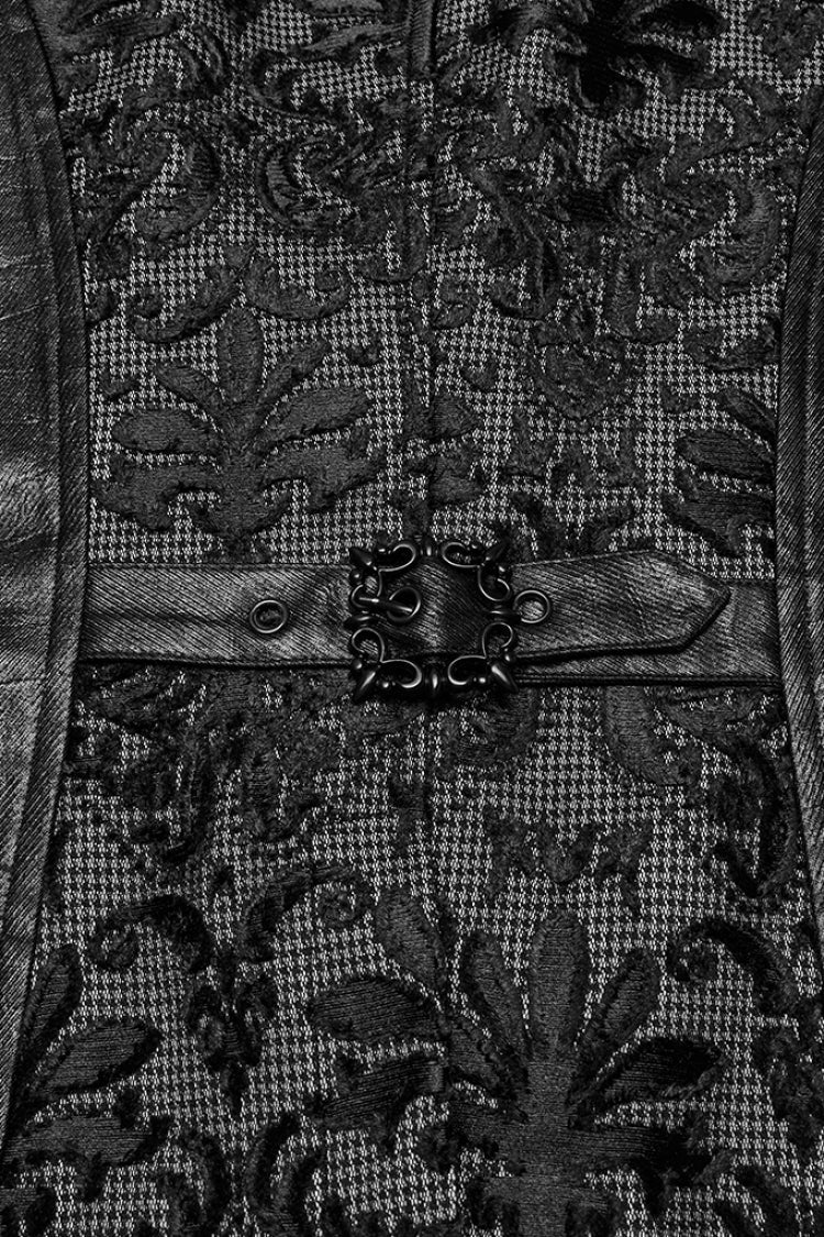 Black V Collar Long Sleeves Floral Embroidery Men's Gothic Vest