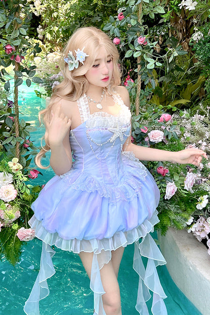 Blue [Starlight Jellyfish Princess] Halterneck Sleeveless Ruffle Lace Sweet Lolita Jsk Dress