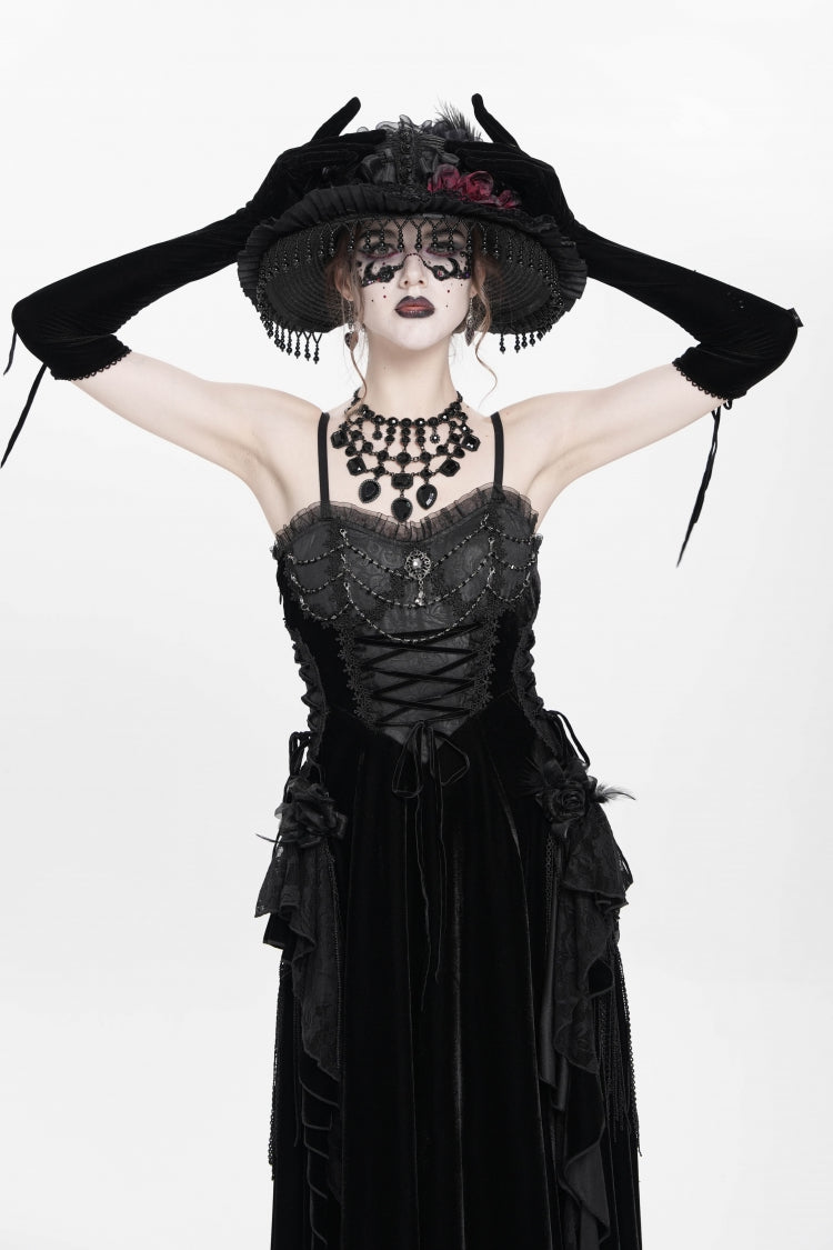 Black Sleeveless Ruffle Lace-Up Plumed Women's Gothic Long Slip Dress