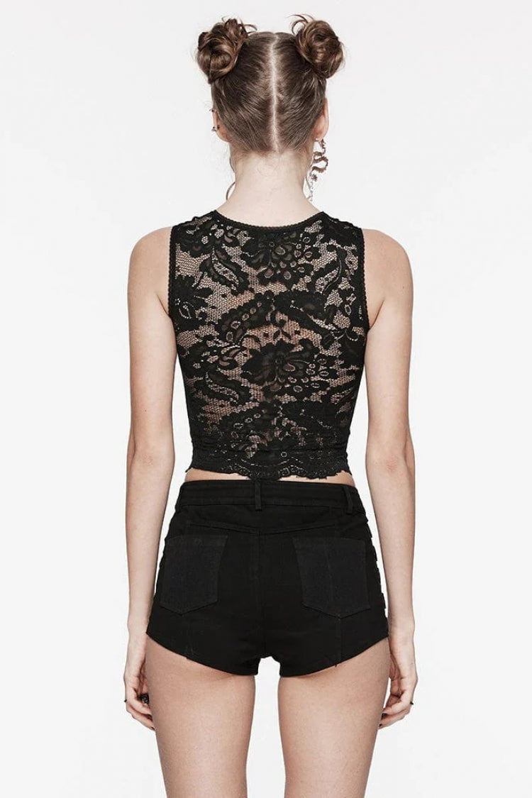 Black Sleeveless Hollow Cross Embroidery Lace Womens Gothic Vest