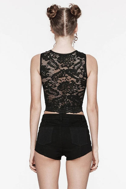Black Sleeveless Hollow Cross Embroidery Lace Womens Gothic Vest