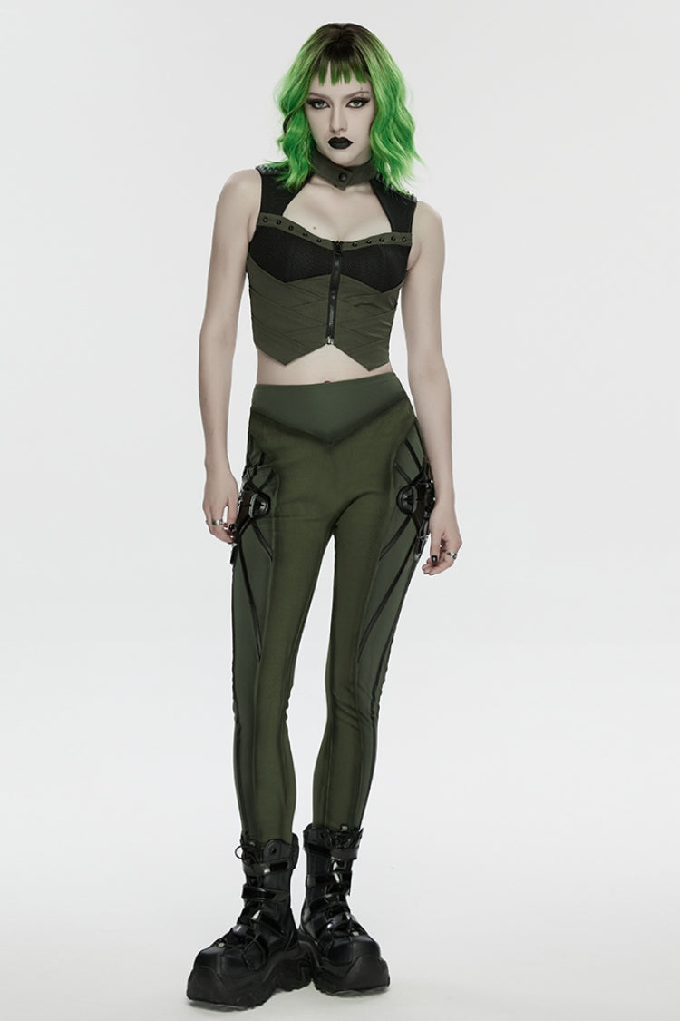 Black/Green Sleeveless Cut-Out Studded Mechanical Women's Punk Tank Top