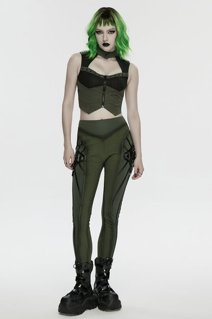 Black/Green Sleeveless Cut-Out Studded Mechanical Women's Punk Tank Top