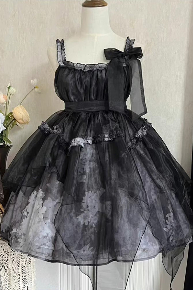 Black Stand Collar High Waisted Dead Leaves Print Tulle Gothic Princess Lolita Jsk Dress