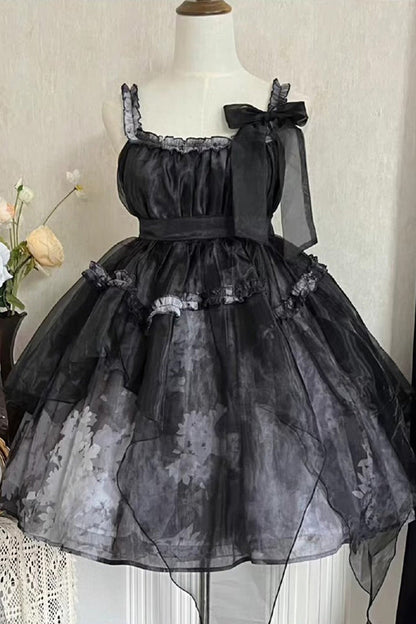 Black Stand Collar High Waisted Dead Leaves Print Tulle Gothic Princess Lolita Jsk Dress