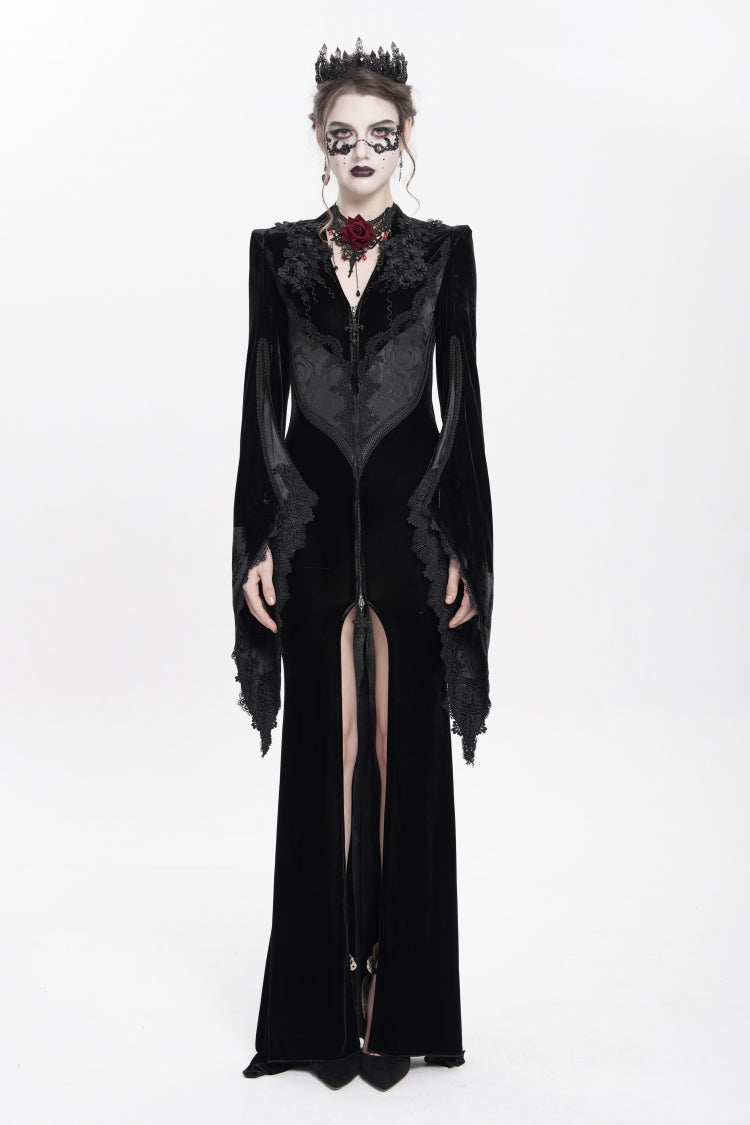Black V Collar Long Trumpet Sleeves Floral Embroidered Velvet Women's Gothic Dress